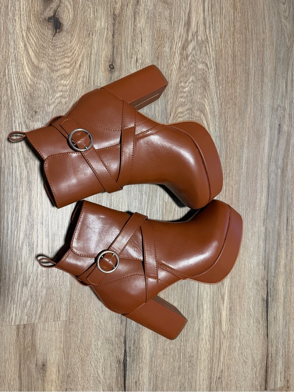 Lulu's Cognac Platform Ankle Boots with Buckle Strap